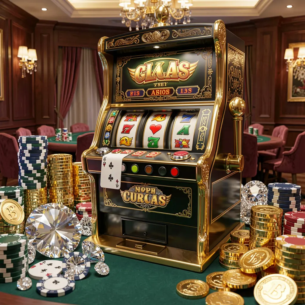Classic black and gold slot machine with triple wild symbols and scattered casino chips representing high quality slot gaming at MEXWOW in Mexico
